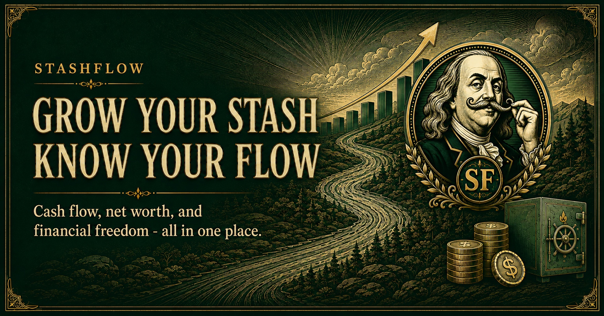 StashFlow engraved illustration of a river of cash flow rising into a growing chart